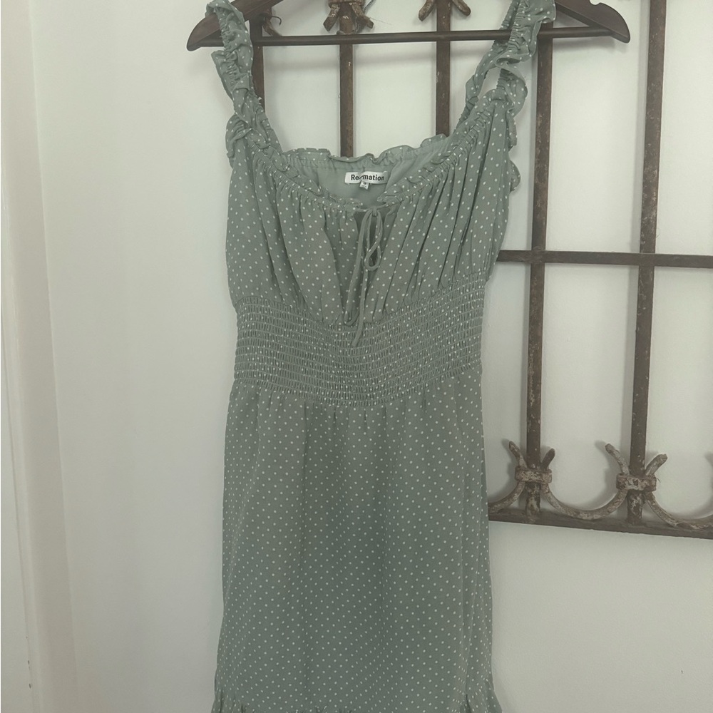 Reformation Sage Polka Dot Mini Dress
